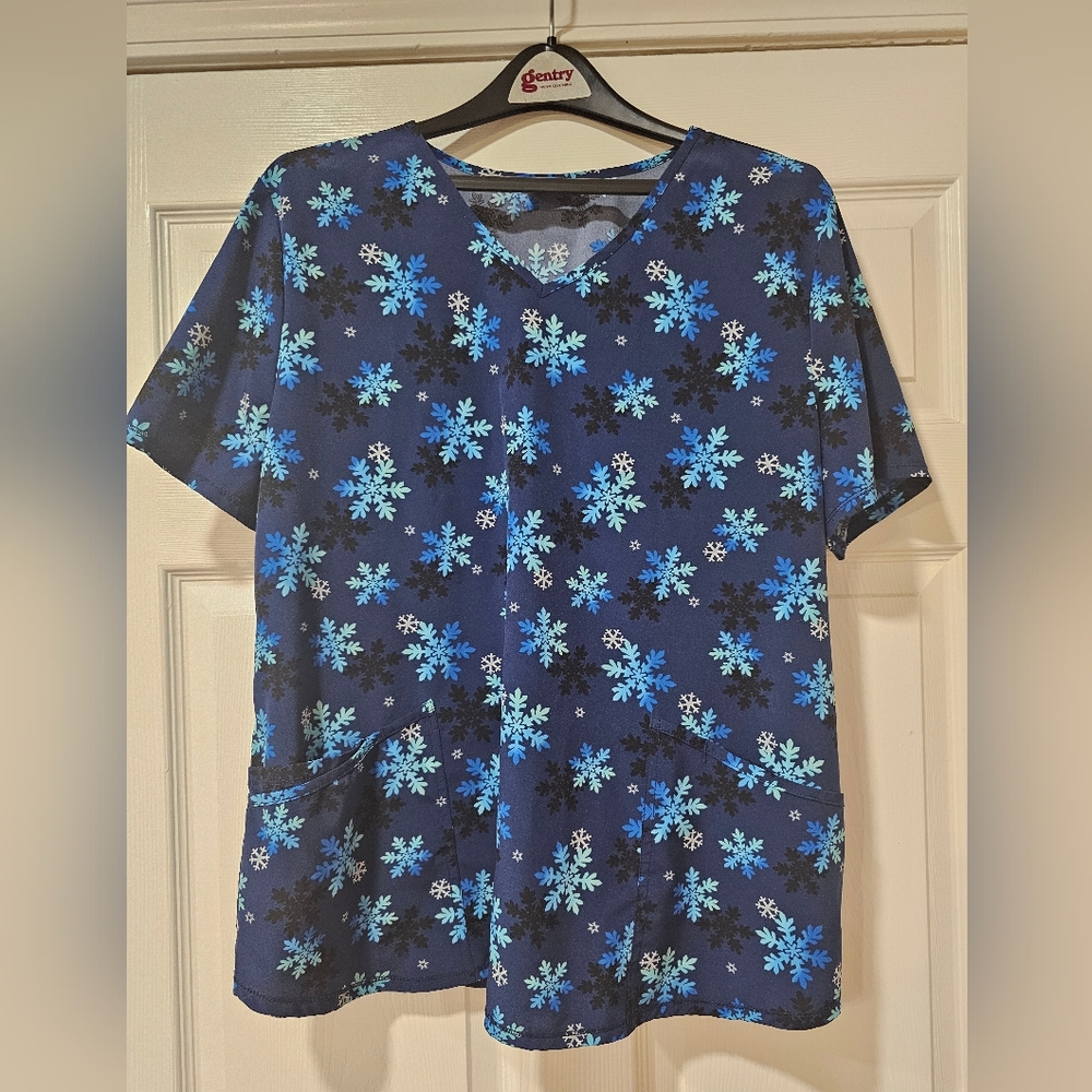 Holiday Snowflake Navy Scrub Top